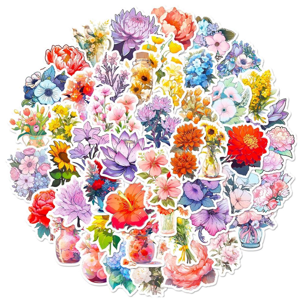 50 Flowers Mix and Match Stickers New Products Cartoon Plants and Flowers Elements Hand Account Stickers Wealthy Flowers