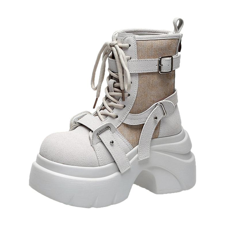 Fashion 9CM Autumn Winter Women's Gladiator Boots Chunky Heels Leather Punk Shoes Buckle Motorcycle Boots Goth Chelsea Mujer Zapatos