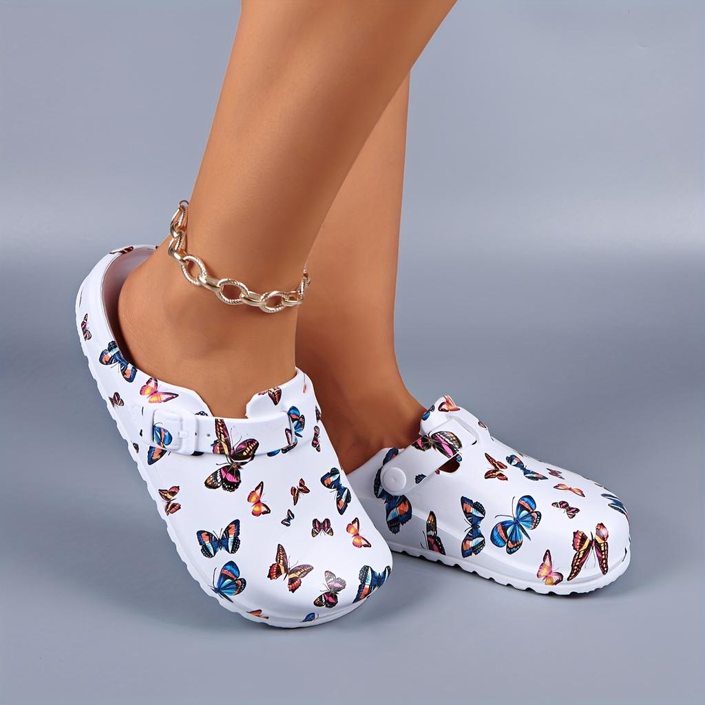 Women's Lightweight EVA Clogs - Slip- Soft Sole Flat Shoes with Butterfly Print & Arch, Adjustable Buckle & Cushioned Insole - White with Multicolor