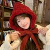 Korean Style Red Balaclava Hat for Women Autumn and Winter Large Head Circumference Woolen Hat Warm Ear Protection Strap Knitted Hat
