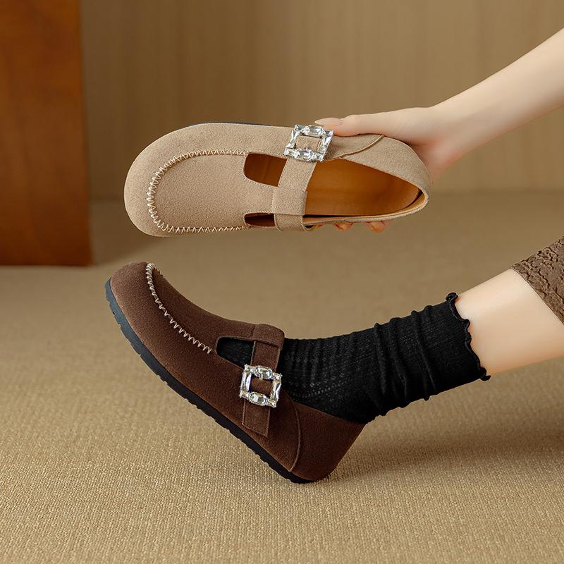 Fashion 2025 New Spring Cow Suede Leather Woman Shoes Round Toe Women Flats Shoes for Women Flat Heel Loafers Sheepskin Leather Shoes