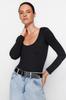 Women's Fashion New Bodysuit Black Slim Snap Fastener Pool Neck Long Sleeve Soft Fabric Flexible Knitted Body
