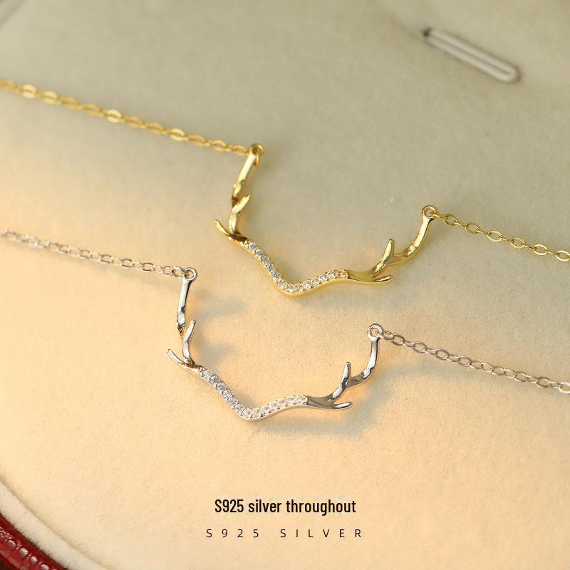 Banyan Tree S925 Silver Deer Antler Necklace with Diamond - Women's Fashion Clavicle Chain Holiday Gift