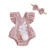 Baby Girl Easter Romper Bunny Embropidery Flying Sleeves Square Neck Bodysuit with Bow Headband