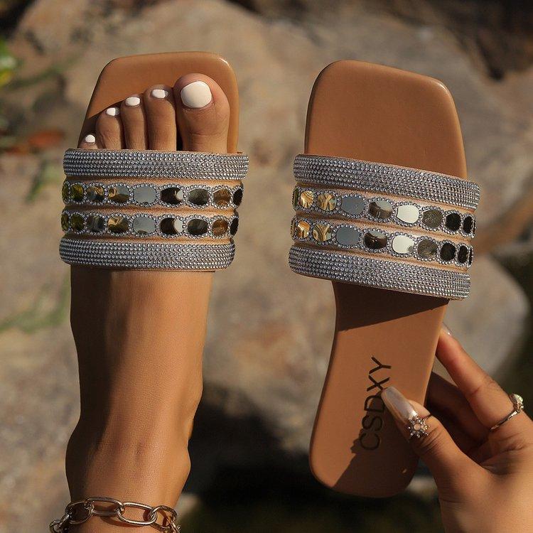 Fashion Fashion 2024 Summer Outdoor Beach Sandals Square Head Golden Luxury High Quality Women Slippers Zapatos De Mujer Sandalen