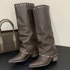 Eilyken Fashion Design Rivet Splicing Woman Knee-High Boots Autumn Winter Pointed Toe Square Heels Party Female Shoes