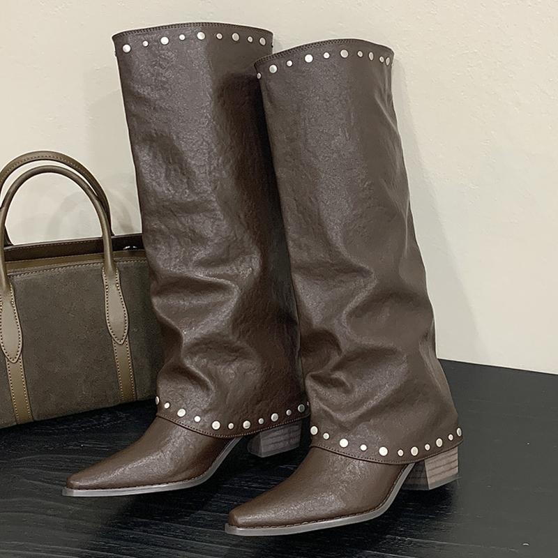 Eilyken Fashion Design Rivet Splicing Woman Knee-High Boots Autumn Winter Pointed Toe Square Heels Party Female Shoes