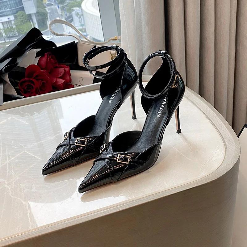 Black High Heels Pumps for Women 2025 Spring Fashion Ankle Straps Party Shoes Woman Pointed Toe Thin Heel Buckle Single Shoes