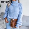 GMXIA Women's Fashion Casual Solid Color  Autumn Winter Long Sleeve High Neck Loose Cut-out Bottom Knit Sweater
