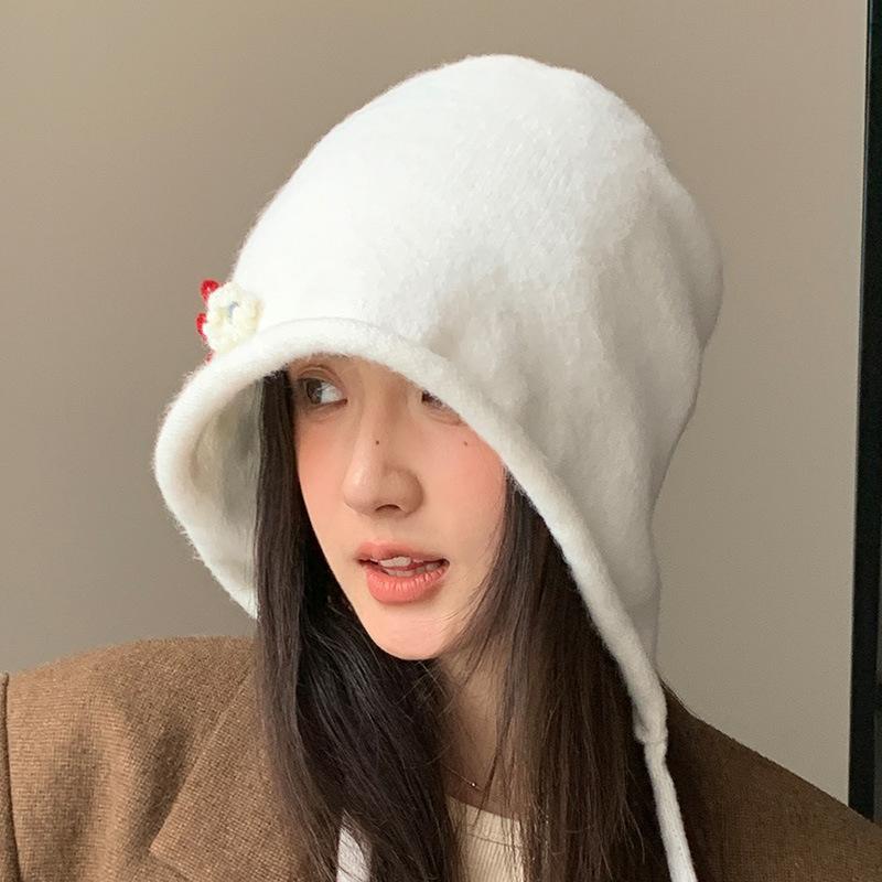 Осенне-зимняя вязаная шляпа-ведро с цветами Новая шляпа Женская милая шляпа-ведро Повседневная шляпа-ведро