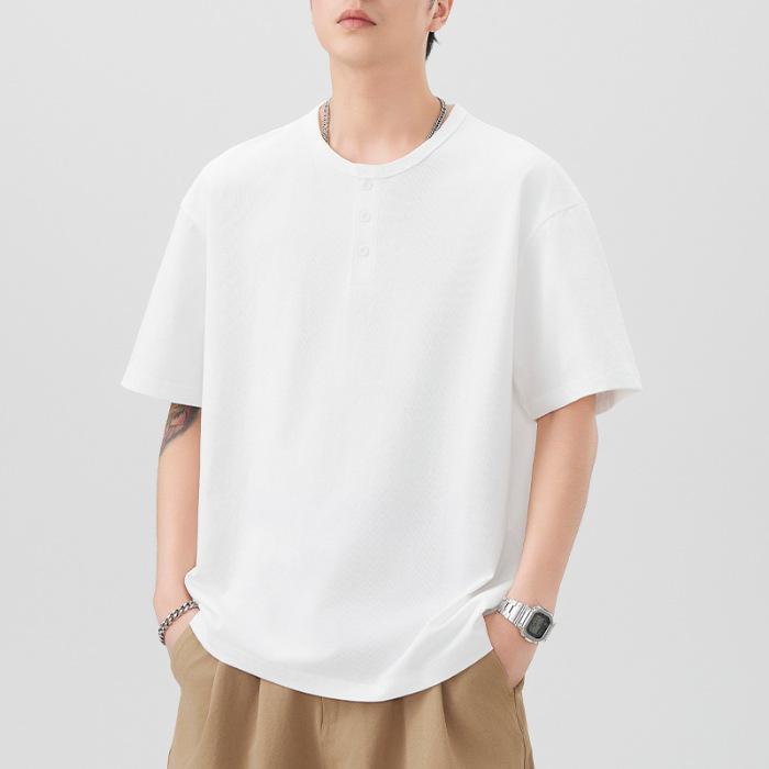 New Summer Short-sleeved T-shirt Men's Button Pullover T-shirt Japanese Five-quarter Sleeve Loose
