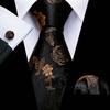 Mens Black Tie Stylish Floral Woven Silk Necktie Handkerchief Cufflinks Set