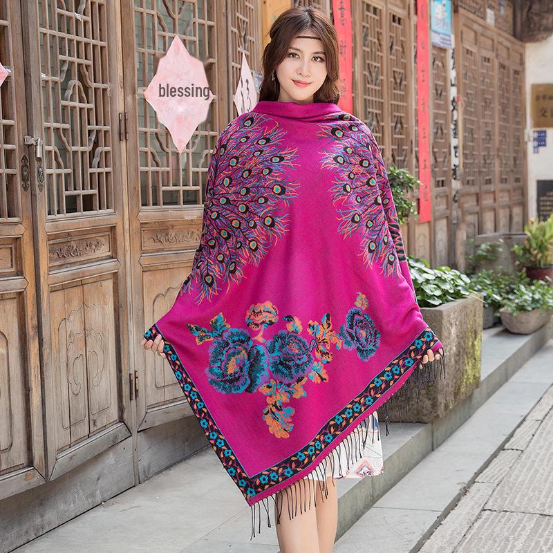 Lijiang Ethnic Style Double-Sided Phoenix Jacquard Cashmere Shawl and Scarf for Women