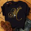 Custom Name Letter 3D Printe Women T-shirt Diamond Gold Letter Font A B C D E F G Black T-shirt