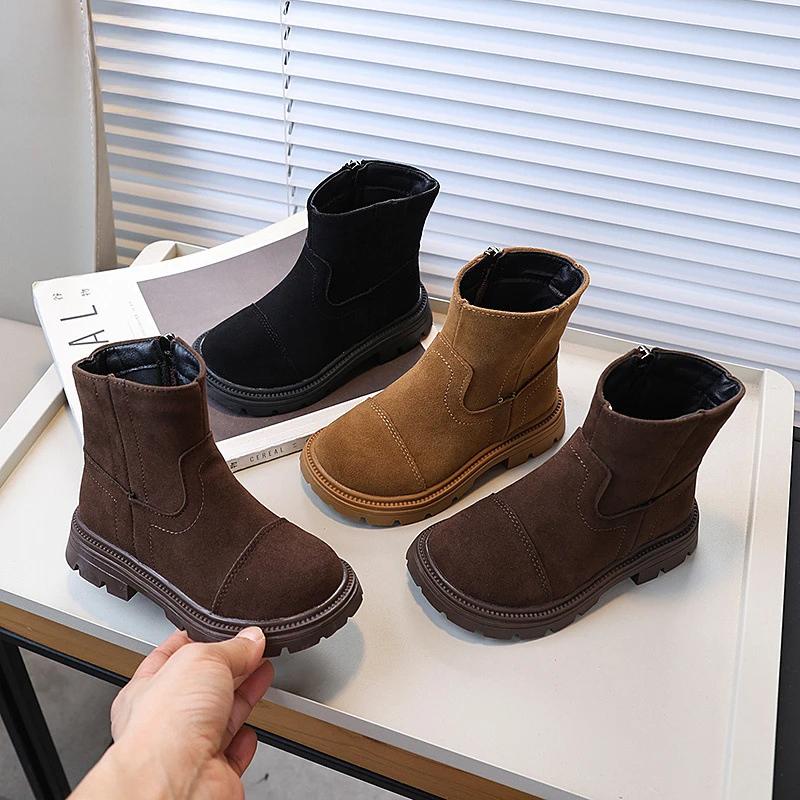 Spring Autumn Children's Leather Boots Solid Color Patchwork Girls Causal Ankle Boots Fashion Retro Versatile Kids Short Boots