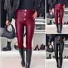 Women Casual Pants High Waist Pleated Buttons Decor Slim Leg Design Trousers Solid Color