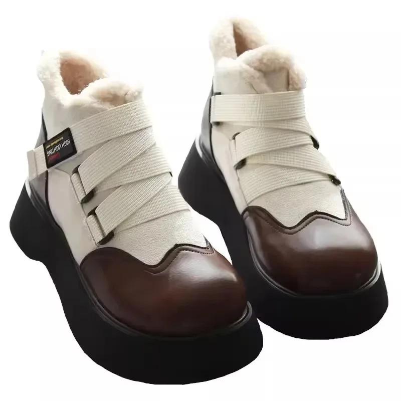 2024 Winter Women Ankle Boots PU Thick Sole Plush Warm Winter Woman Shoes Flats Lace Up LadiesLolita Shoes Outdoor Daily Commute