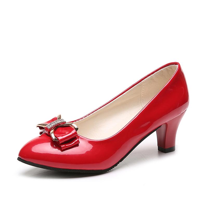 Women's Dress Shoes Patent Leather High Heel Shoes Medium Heel Office Women's Shoes Metal Bow Shoes