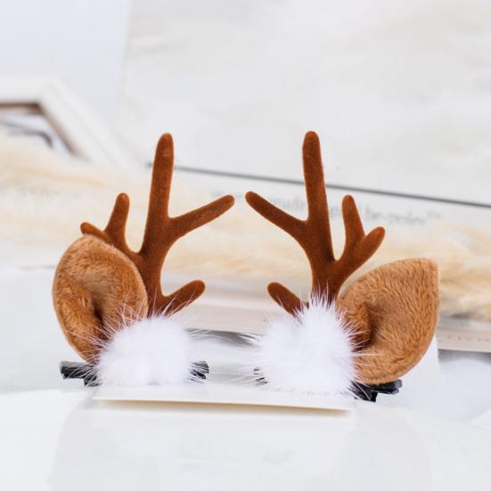 1 Pair Reindeer Antler Hair Clips for Christmas Fluffy Ear Headband with Pom Poms Festive Girls Hair Accessories Gift for Women Kids