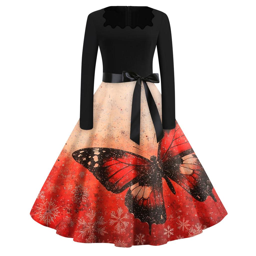 Women's Fashion Round Neck Casual Slim Christmas Printed Long Sleeve Dresses