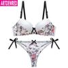 Women Bra & Brief Sets Sexy Lingerie Women Underwear Print Floral Embroidery Underwire Push-Up  Padded Bra Staniki Damskie Thong Set