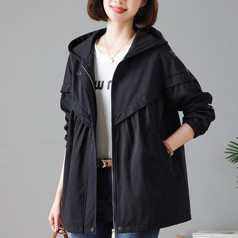 Windbreaker Jacket for Women In Spring and Autumn, Casual, Versatile, Plus Size, Loose Fit, Hooded, Medium To Long Length Jacket, Women's Clothing