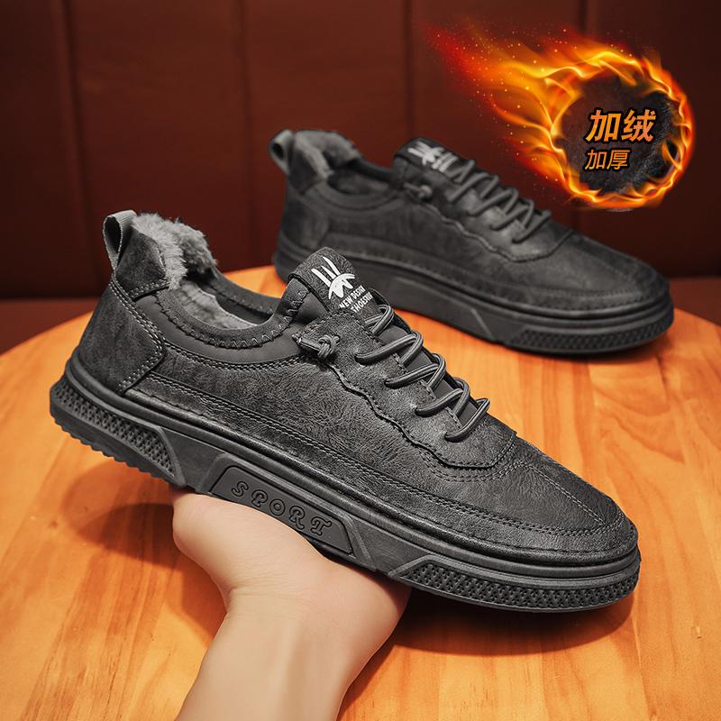 Winter Shallow Plus Velvet Casual Shoes for Men Comfortable Warm Sneakers Simple Wear-resistant Male Walking Outdoor Footwear