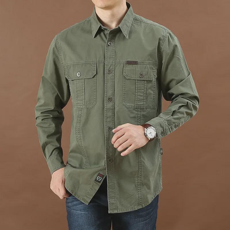 Men's Casual Loose-Fit Long-Sleeve Shirt - Solid Color, Large Size, Autumn Workwear with Pocket
