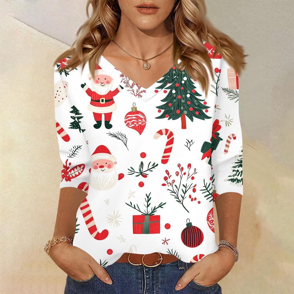 Women's T Shirt CHristmas Print 3/4 Sleeve Daily Weekend Fashion Basic V- Neck Regular Top