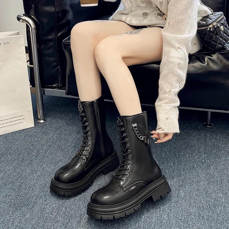 Fashion 2024 Hot Sale Shoes Female Lace Up Zipper Women's Boots Autumn Round Toe Solid Short Barrel Platform Water Proof Fashion Boots