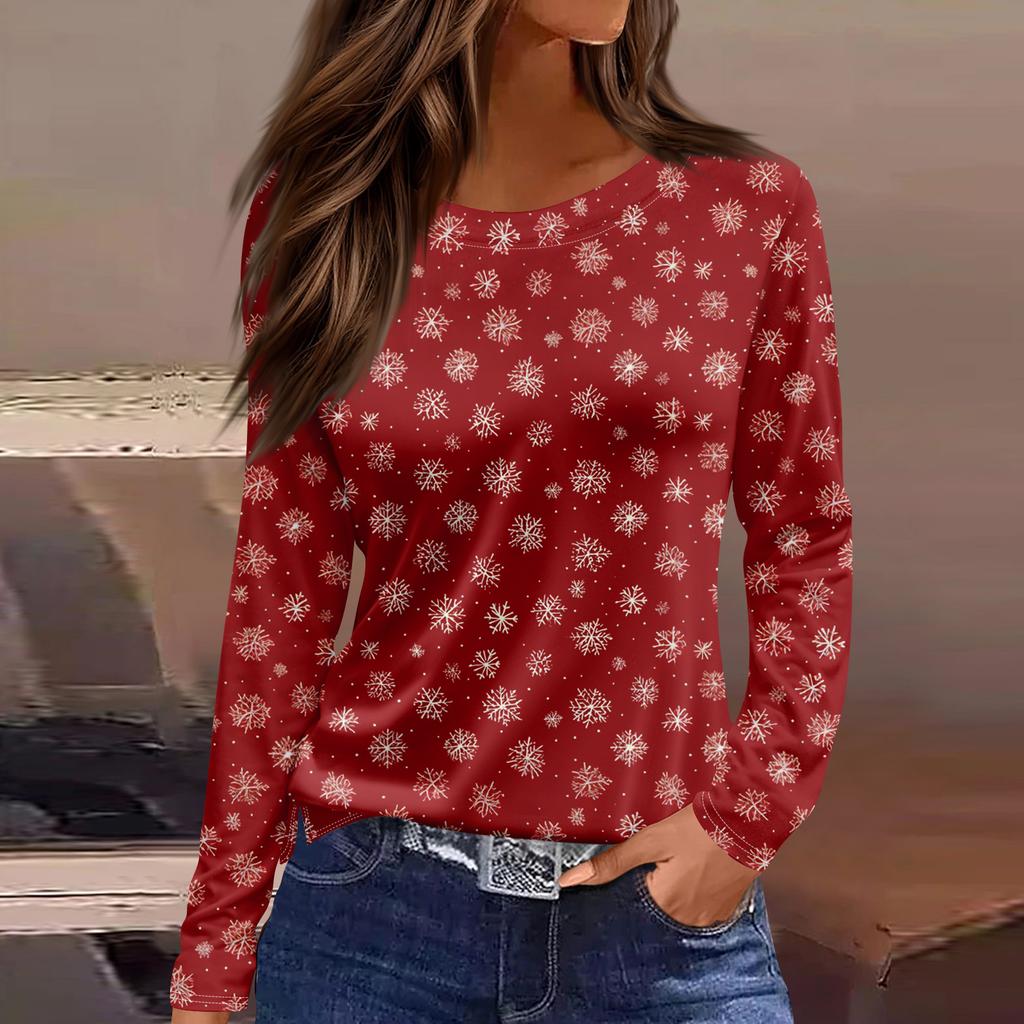 Women's Fashion Hem Slit Casual Christmas Printed Round Neck Long Sleeve Top
