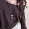 Vintage Black Wooden Oval Pendant Necklace For Women Minimalist Matte Metal Block Adjustable Leather Rope Sweater Chain Jewelry