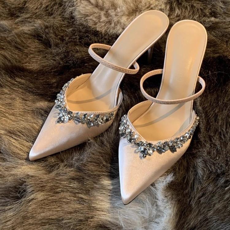 Popular Beautiful Bag Head Cool Slippers Women's 2025 Spring and Summer New Apricot Pointed Head Thin Heel Sexy Word with High Heels