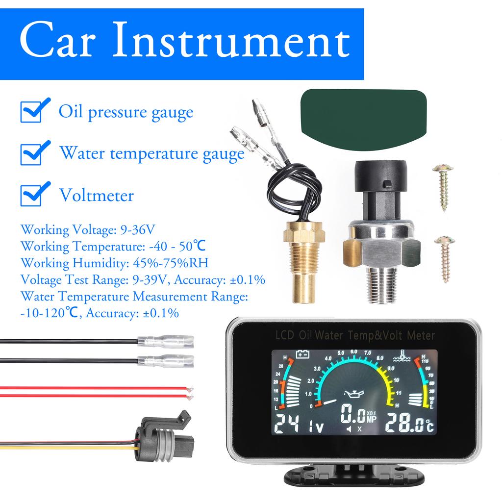 3-in-1 Car LCD Meter Digital Oil Pressure Voltage Water Temperature Gauge Universal Instrument 9-36V for Car Truck SUV
