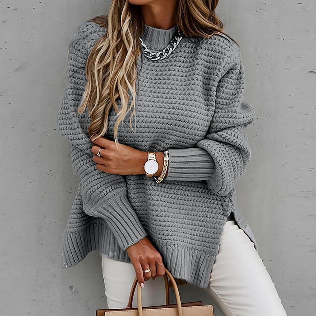 Women's Fashion Half High Neck Loose Solid Long Sleeve Thick Needle Side Split Knitted Sweater