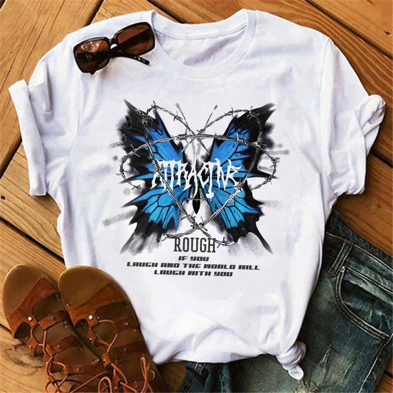Women's Butterfly Tree Print Harajuku T-Shirt Round Neck Top Short Sleeve Casual Summer Tee Shirt Summer & Spring Clothing