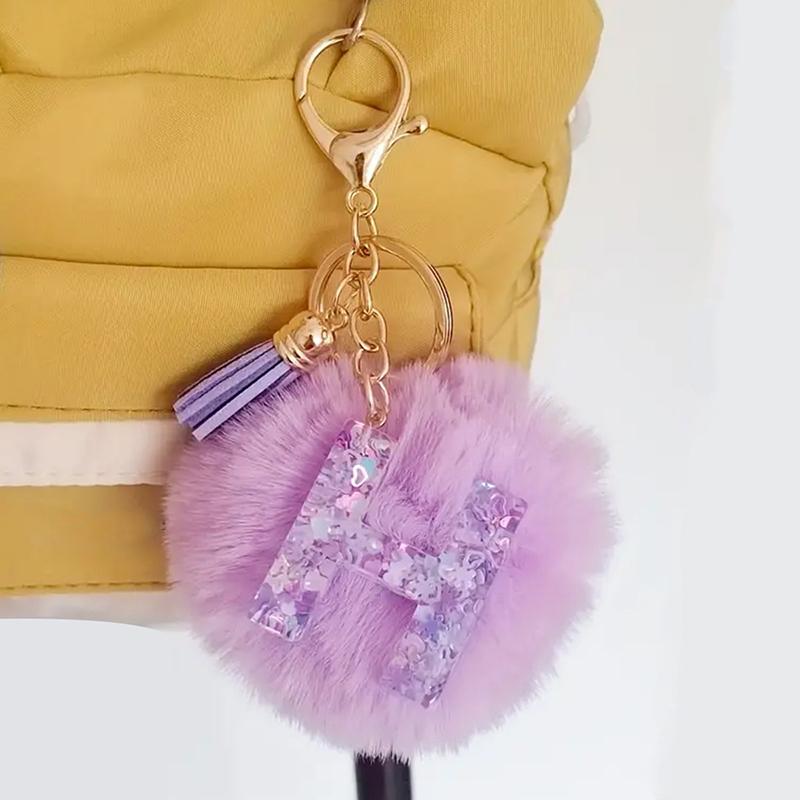 Adorable A-Z Letters Initial Keychain Sparkling Resin Alphabet Fluffy Hairball Pendant Backpack Decoration Accessories Gifts