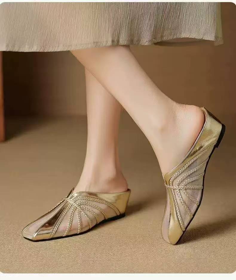 Soft Leather Mesh Yarn Baotou Half Slippers Children 2025 Spring and Summer Outer Wear Non-slip Soft Sole Retro Soft Sole Middle Heel Muller Shoes