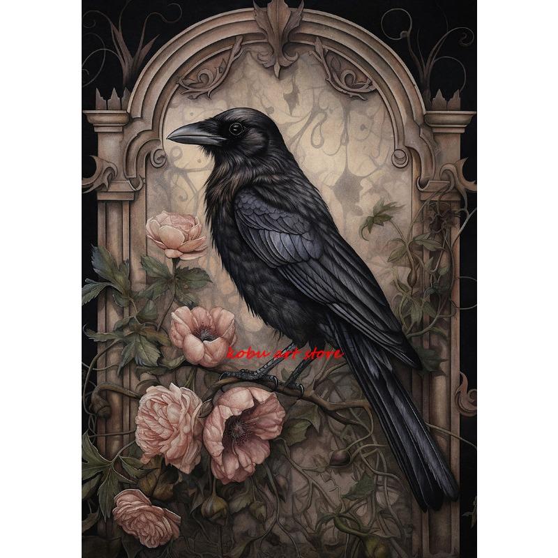 Dark Academia Raven Floral Forest Vintage Poster Gothic Crow Portrait Canvas Paintings Wall Art Print Picture Living Room Decor