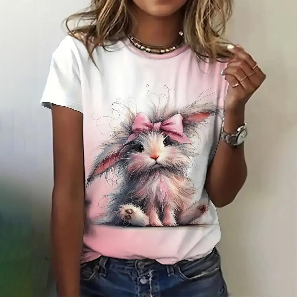 Women's T Shirt 3D Rabbit Print Casual Short Sleeve T-Shirts Summer Fashion Streetwear O Neck Pullover Female Oversized Clothing
