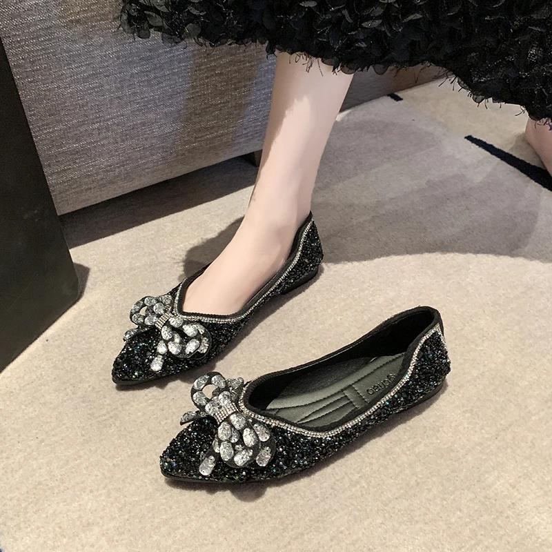 Spring Woman Elegant Square Toe Sequins Kawaii Ballet Flats Barefoot Designer Luxury   Female Shoes Party