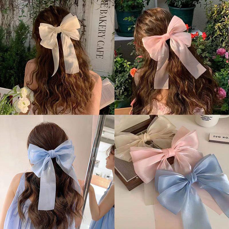 Chiffon Bow Hair Clip Women Large Bowknot Stain Hairpin Barrettes Girls Solid Color Ponytail Clip Hair Accessories Headwear Gift