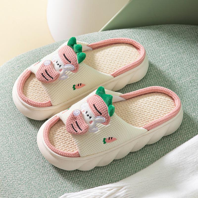 Lovely Frog Linen Slippers Women Couples Non Slip Thick Soled Spring Summer Cotton Linen Cool Slippers Home Slipper