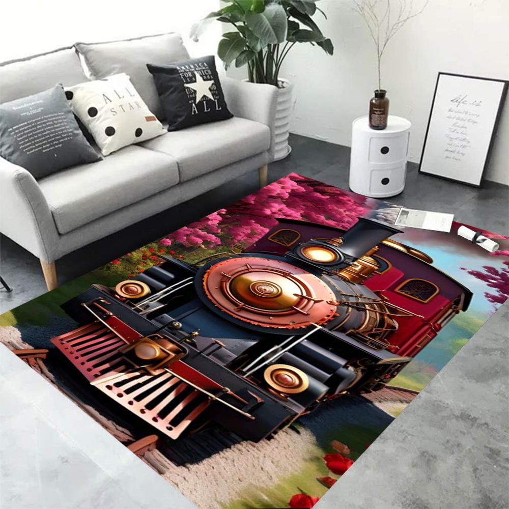 3D Retro Railway Track Train Carpet Rug for Home Living Room Bedroom Playroom Sofa Doormat Decor,Kid Area Rug Non-slip Floor Mat