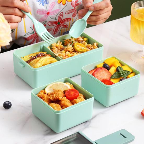 Lunch Box Compartment Design Easy Carrying Double Layer Microwave Safe Japanese Style Students Bento Box with Fork Spoon Daily Use