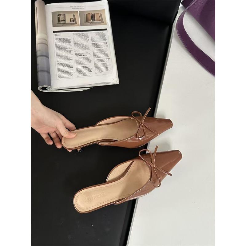 Summer New Bow Medium Stiletto Shoes Bag Head Half Slippers Women's Large Size High Heel Single Shoes Cool Slippers