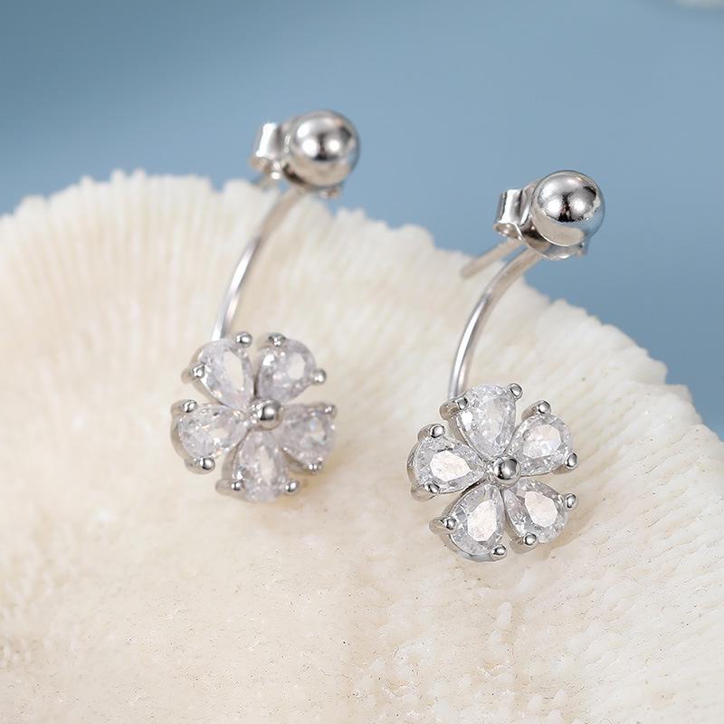 Banyan Tree S925 Silver Diamond Flower Round Bead Back-Hanging Earrings for Women - High-End Korean Trend.