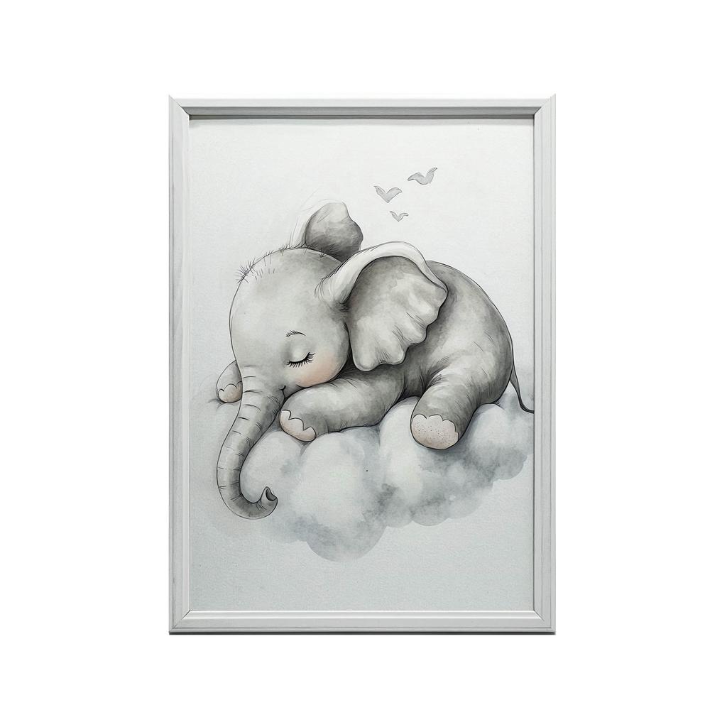 Plakat Senny Słonik Na Chmurze Plakat Senny Słonik Na Chmurze, 30X40 Cm, Rama Drewniana Jasny Dąb, Papier Matowy 230 Gsm