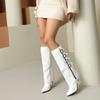 lenkisen PU Autumn Winter Shoes Pointed Toe Stiletto Thin High Heels Metal Square Buckle Keep Warm Fashion Knee Boots