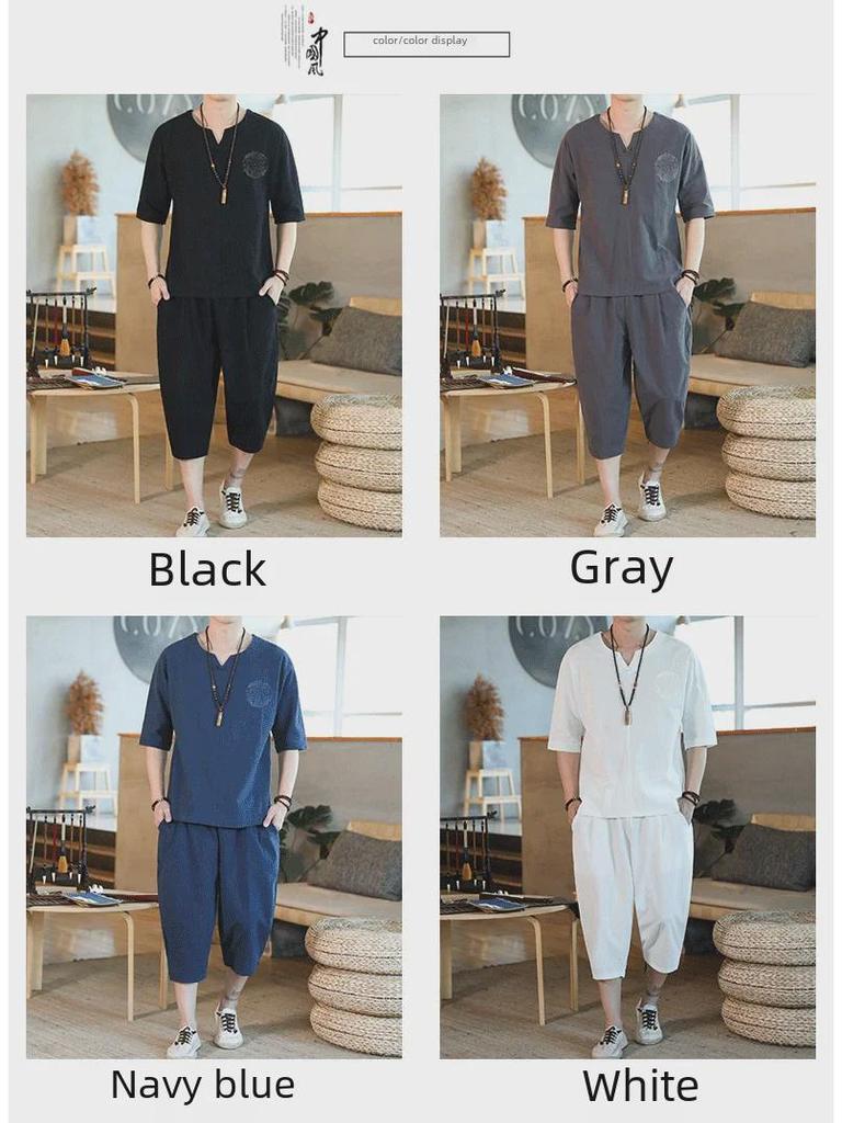 Men's Chinese-Style Cotton Linen Two-Piece Suit - Casual Loose-Fit Harem Pants with Short-Sleeved Top